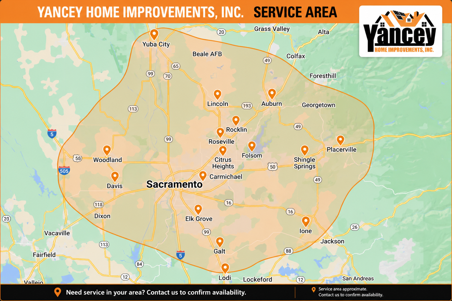 Yancey Home Improvements service area map covering greater Sacramento